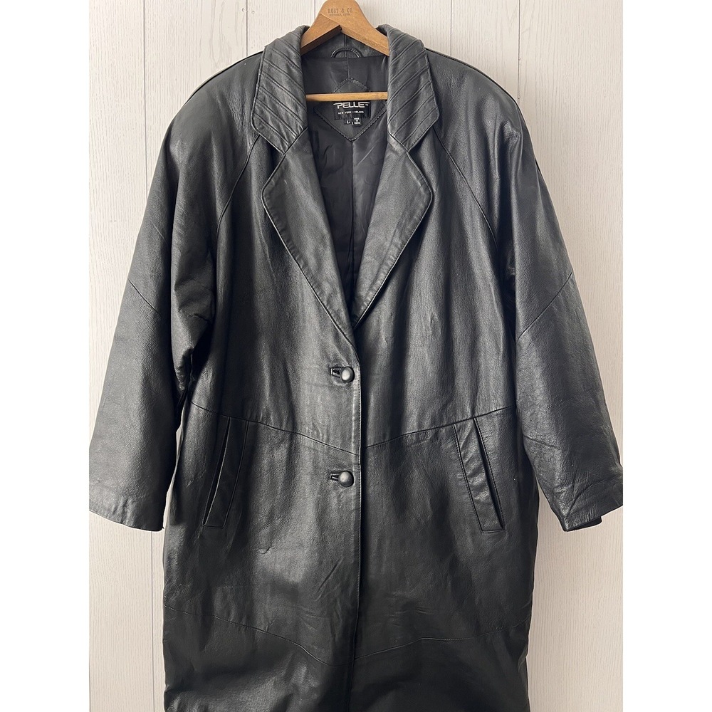 Vintage 1980s Black‎ Genuine Leather Jacket Long Trench Coat Large Donna Pelle